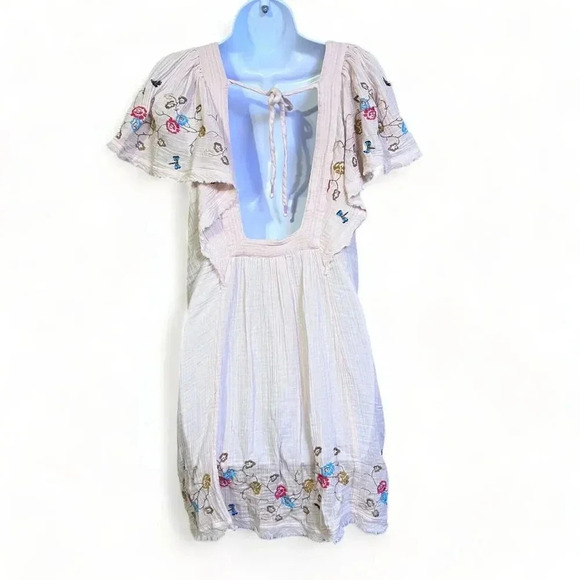 Anthropologie Womens Pink Embroidered Gauze Square Neck Tunic Dress Sz XS Bees - Picture 2 of 13